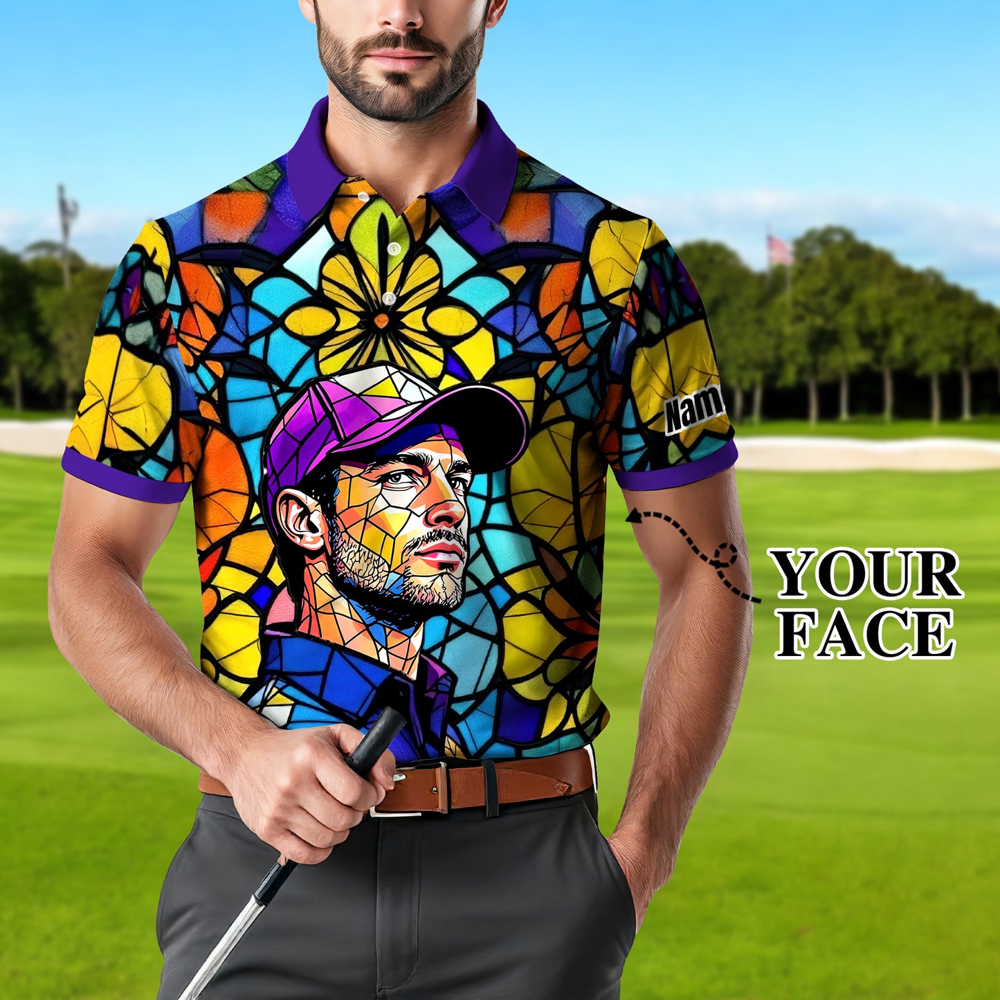 Custom Face Golf Polo Shirt – Personalized Stained Glass Art Shirt, Unique Golf Gift for Him, Colorful Abstract Golf Polo, Custom Sportswear