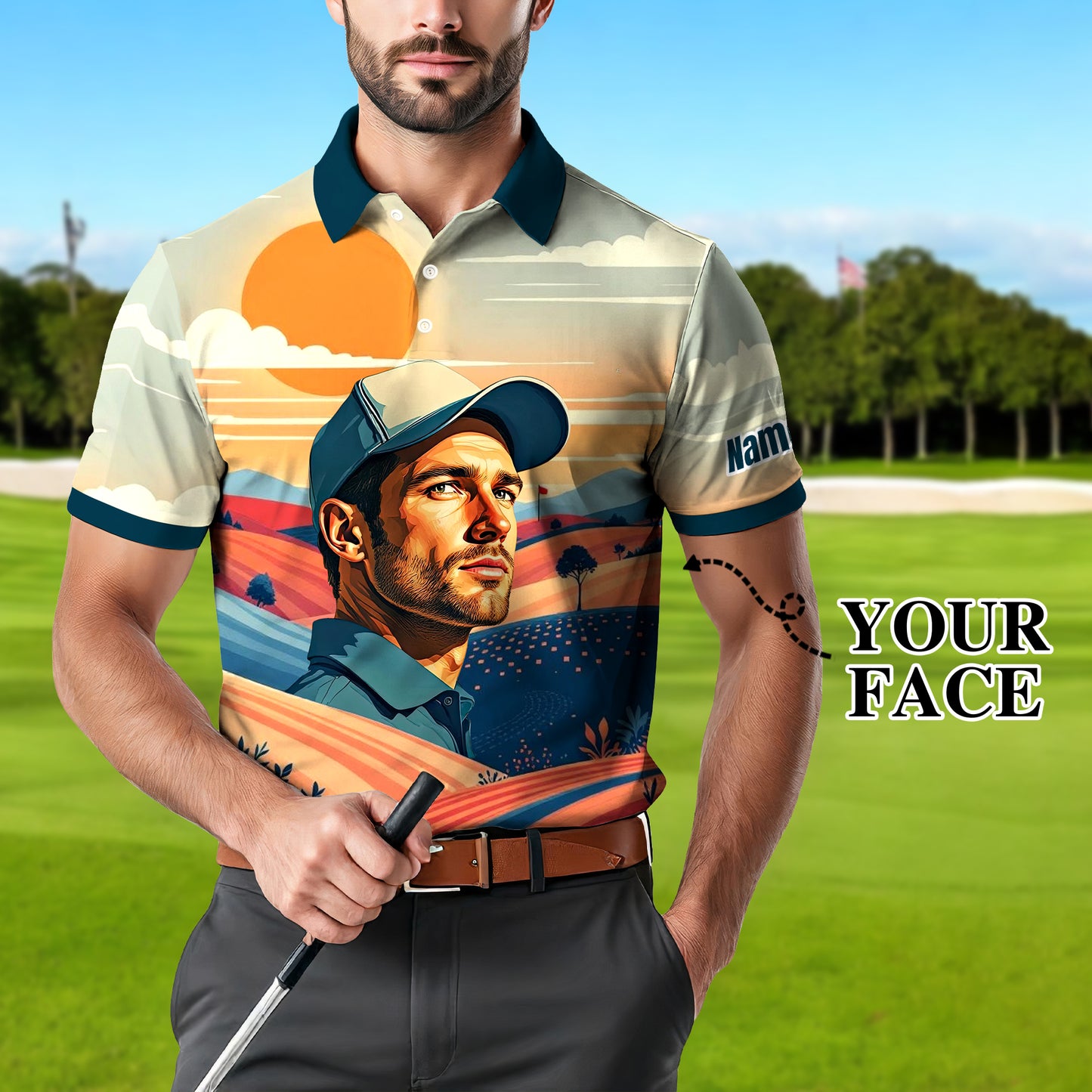 Custom Vintage Americana Golf Polo with Your Face - Retro Personalized Gift for Men Style 4