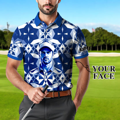 Custom Face Polo Shirt – Geometric Diamond Pattern | Personalized Photo Golf Polo | Unique Gift for Him, Retro Geometric Style Shirt Style 18