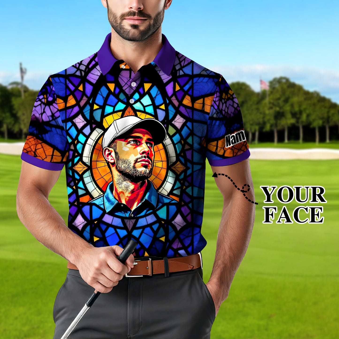 Custom Face Golf Polo Shirt – Personalized Stained Glass Art Shirt, Unique Golf Gift for Him, Colorful Abstract Golf Polo, Custom Sportswear