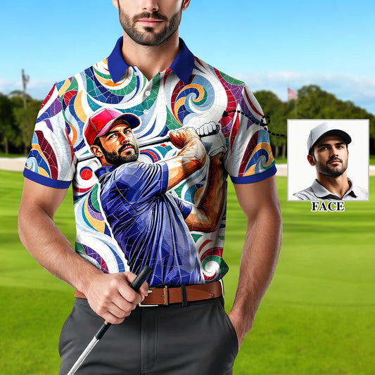 Men's Custom Face Artistic Golf Polo Shirt, Mosaic Art Style, Unique Personalized Golf Polo For Men