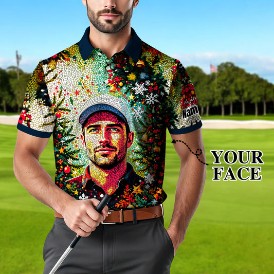 Personalized Christmas Golf Polo Shirt with Your Face – Custom Photo Holiday Shirt – Unique Mosaic Art Xmas Gift for Men, Custom Golf Apparel Style 1