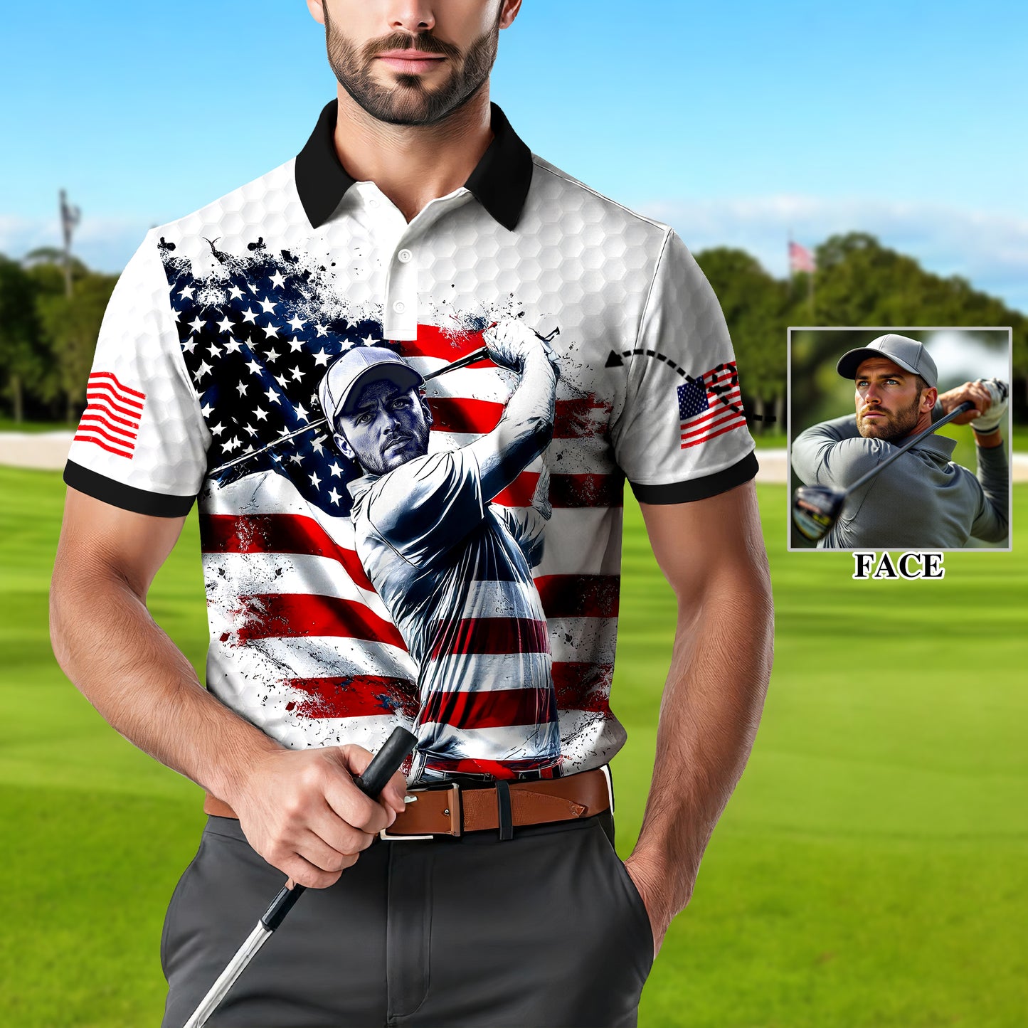 HomyGifts Men's Customized Face Artistic Golf Polo Shirt, Personalized American Flag Design, Unique Gift for Patriotic Golfers Style 6