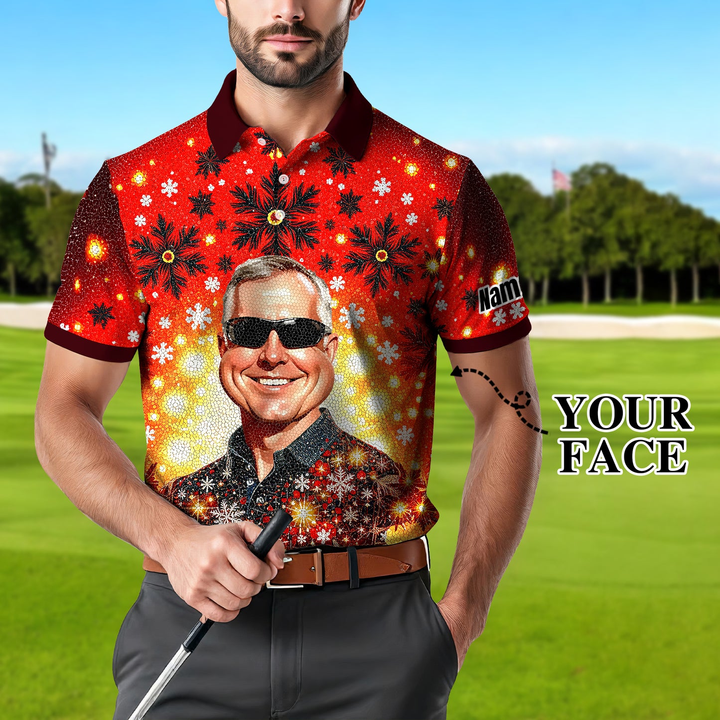 Custom Face Golf Polo Shirt – Personalized Christmas Golf Shirt for Him, Unique Holiday Gift for Golfer, Snowflake Mosaic Art Design Golf Apparel Style 13.2