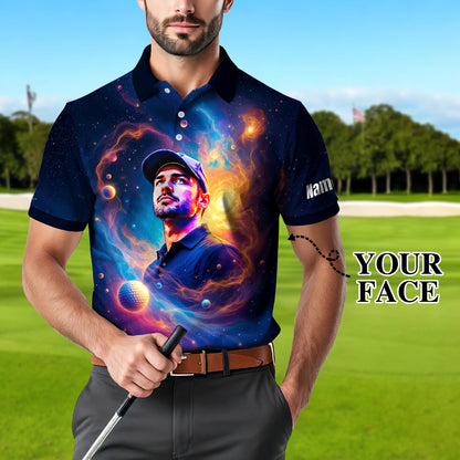 Custom Cosmic Portrait Polo Shirt – Personalized Surreal Galaxy Art with Your Face | Unique Gift for Golfers, Sports & Astrology Fans Style 5