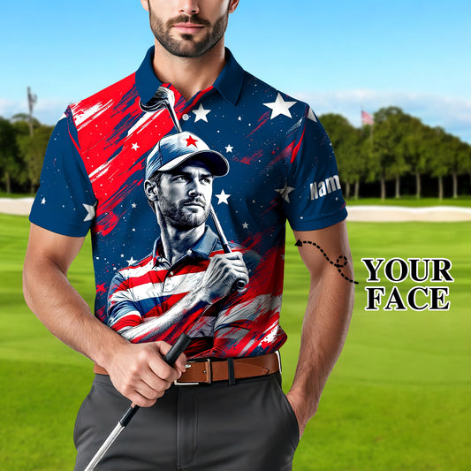 Men's Patriotic Custom Face Golf Polo Shirt - American Flag Design