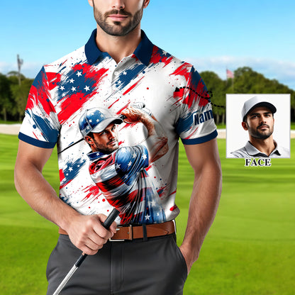 HomyGifts Men's Customized Face Artistic Golf Polo Shirt, Personalized American Flag Design, Unique Gift for Patriotic Golfers Style 27