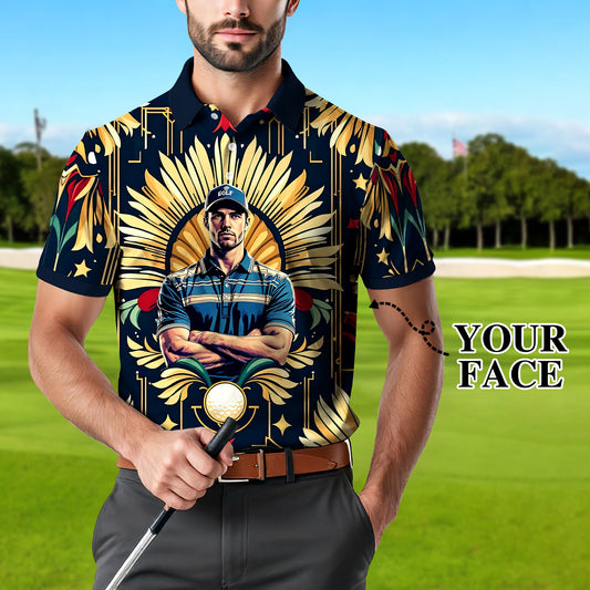 Custom Face Golf Polo Shirt – Swing in Gold Art Deco Revival Style | Personalized Golf Shirt for Men