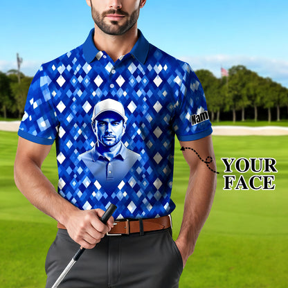 Custom Face Polo Shirt – Geometric Diamond Pattern | Personalized Photo Golf Polo | Unique Gift for Him, Retro Geometric Style Shirt Style 8