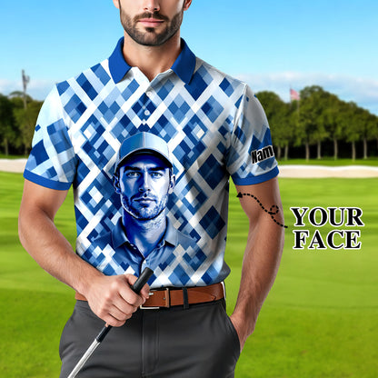 Custom Face Polo Shirt – Geometric Diamond Pattern | Personalized Photo Golf Polo | Unique Gift for Him, Retro Geometric Style Shirt Style 11