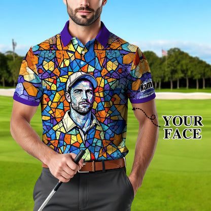 Custom Face Golf Polo Shirt – Personalized Stained Glass Art Shirt, Unique Golf Gift for Him, Colorful Abstract Golf Polo, Custom Sportswear