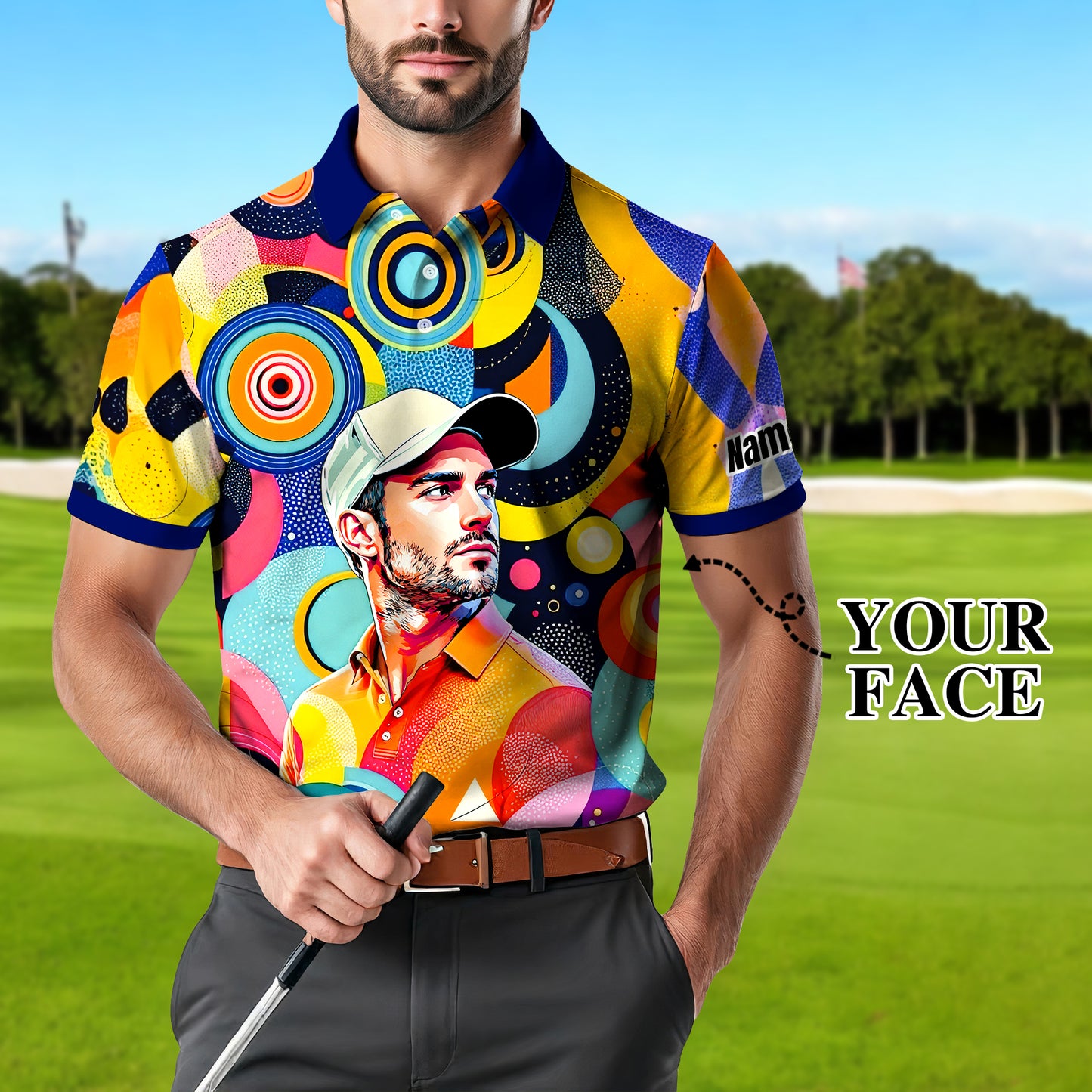 HomyGifts Custom Face Polo Shirt – Personalized Abstract Geometric Art Photo Shirt, Unique Gift for Him & Her