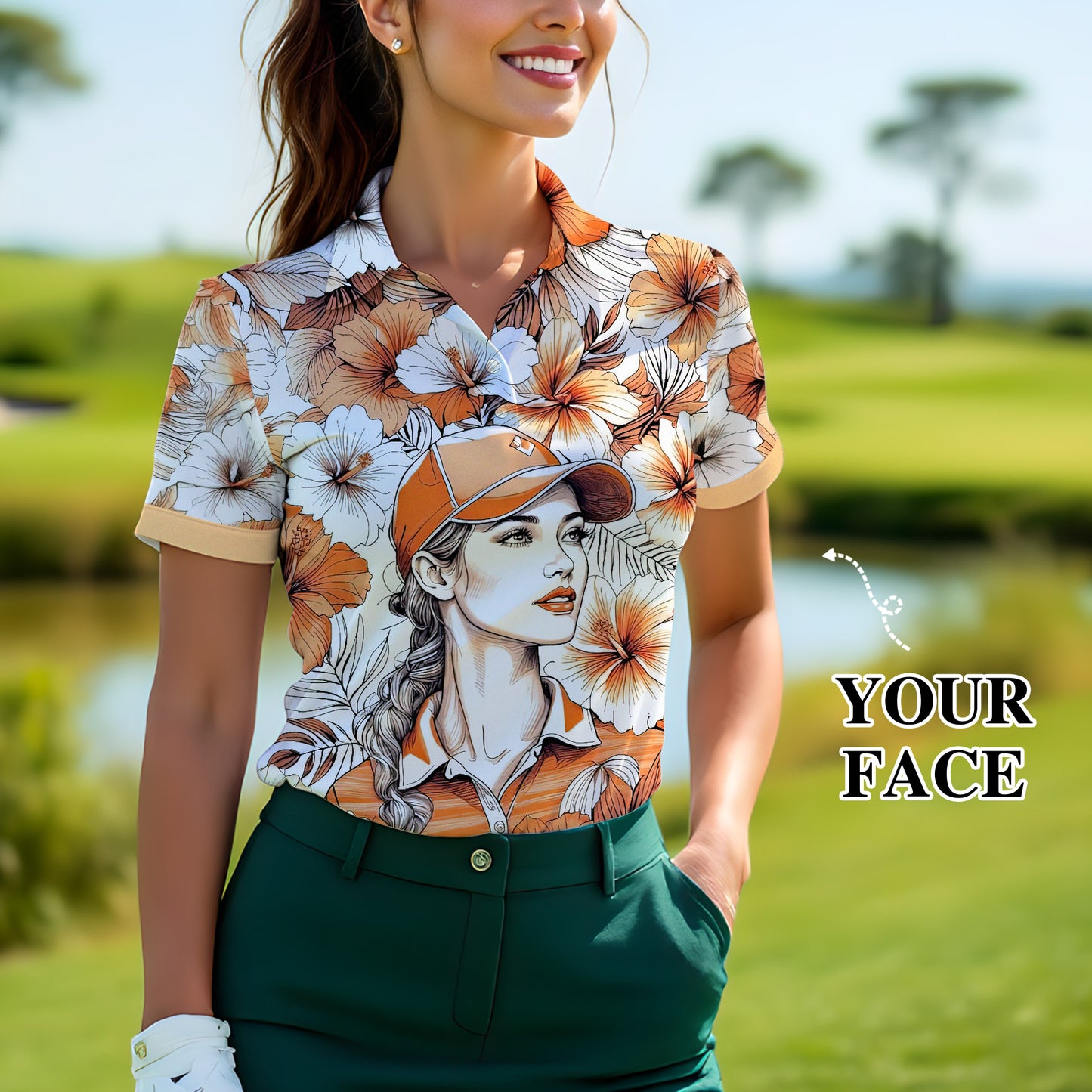 Women’s Custom Face Hibiscus Polo Shirt – Personalized Tropical Floral Polo, Unique Gift for Her, Stylish Custom Golf & Casual Wear Style 8