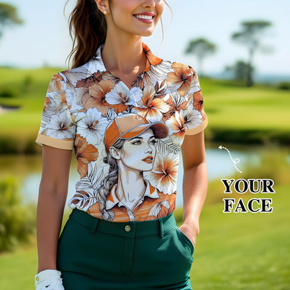 Women’s Custom Face Hibiscus Polo Shirt – Personalized Tropical Floral Polo, Unique Gift for Her, Stylish Custom Golf & Casual Wear Style 8