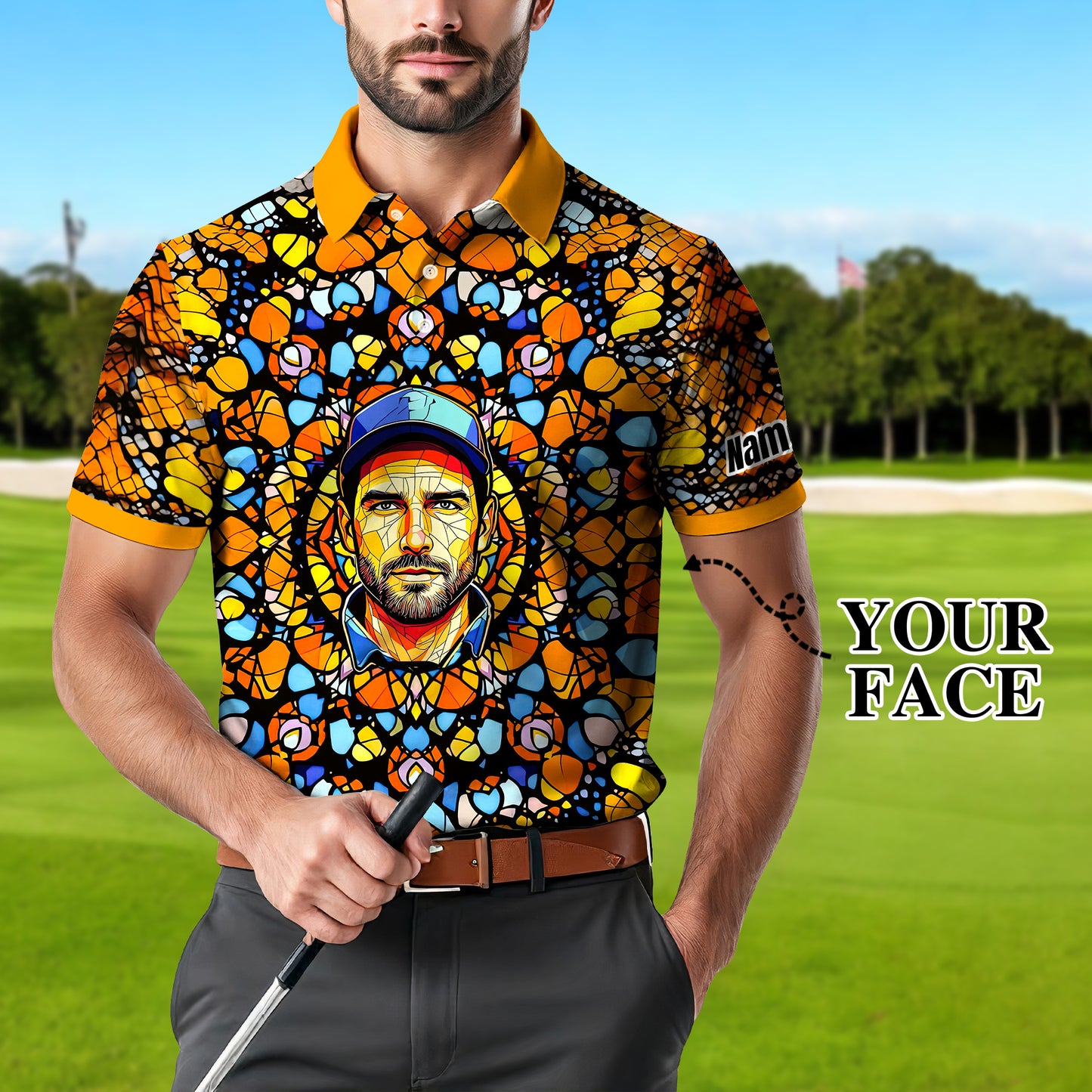 Custom Face Golf Polo Shirt – Personalized Stained Glass Mandala Style Polo, Unique Gift for Men & Women, Vibrant Artistic Golf Shirt, Custom Photo Polo