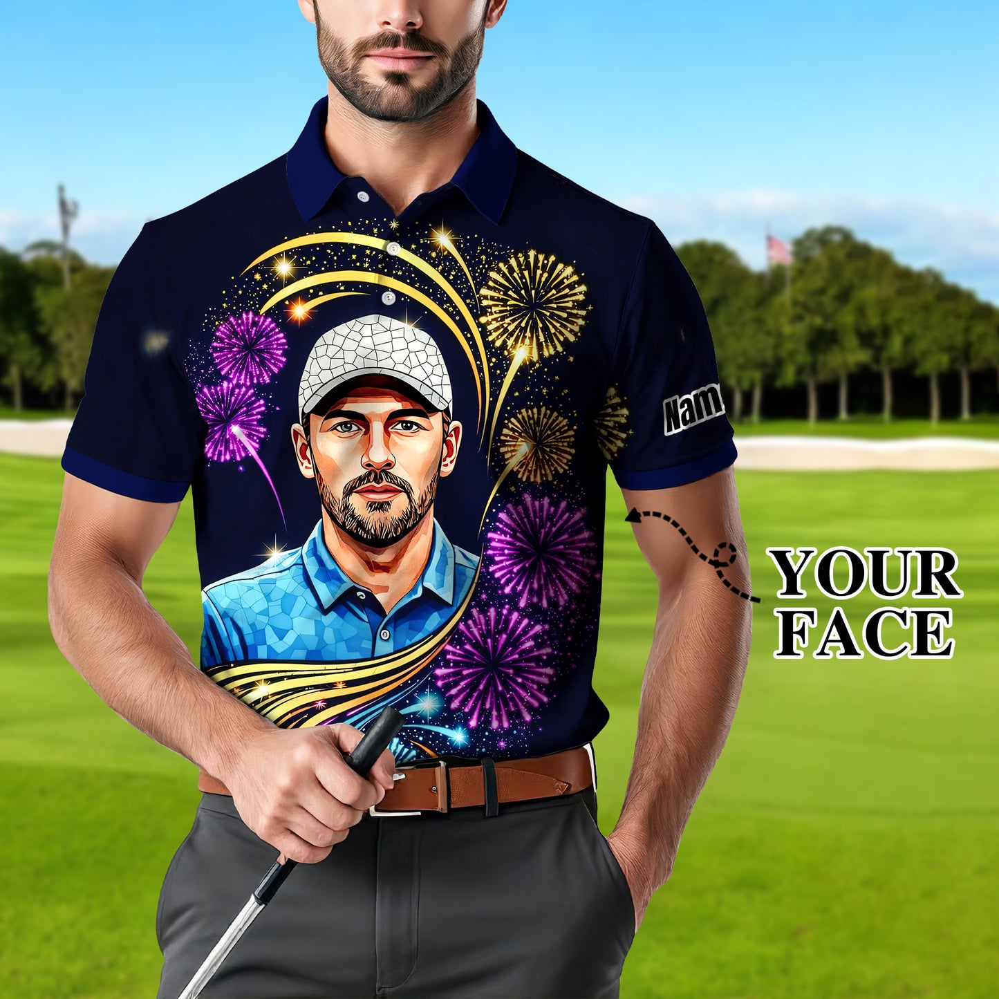 Custom Face Golf Polo Shirt – New Year Fireworks Edition | Personalized Golf Polo | Unique Holiday Gift for Him 2025 Style 6