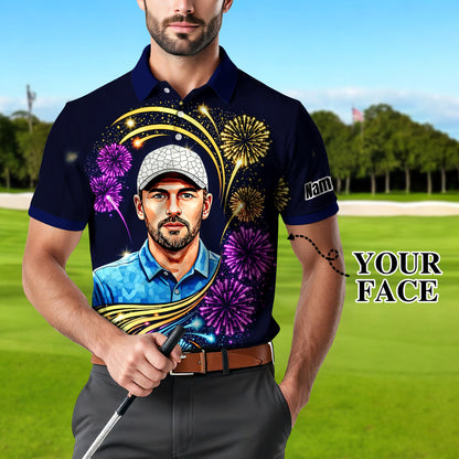 Custom Face Golf Polo Shirt – New Year Fireworks Edition | Personalized Golf Polo | Unique Holiday Gift for Him 2025 Style 6