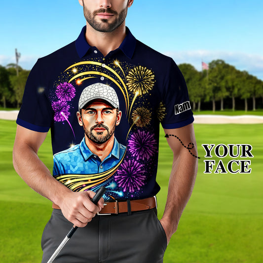 Custom Face Golf Polo Shirt – New Year Fireworks Edition | Personalized Golf Polo | Unique Holiday Gift for Him 2025 Style 6