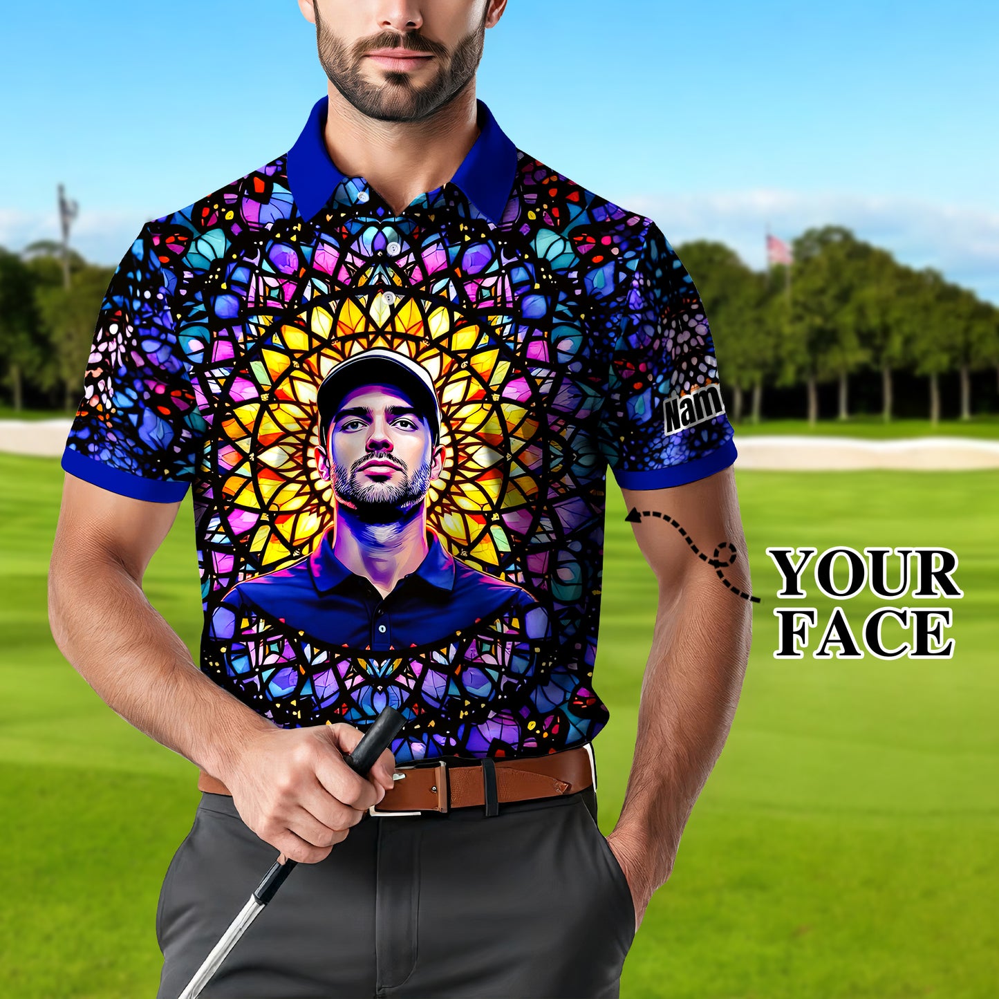 Custom Face Golf Polo Shirt – Personalized Stained Glass Mandala Style Polo, Unique Gift for Men & Women, Vibrant Artistic Golf Shirt, Custom Photo Polo