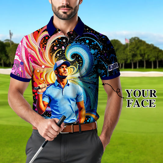 Men's Custom Face Artistic Golf Polo Shirt, Mosaic Art Style, Unique Personalized Golf Polo For Men
