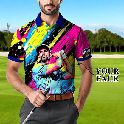 HomyGifts Men's Customized Face Artistic Golf Polo Shirt, Personalized Pop Art Golf Polo, Portrait Gift for Golfers Style 17