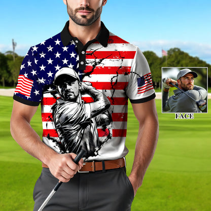 HomyGifts Men's Customized Face Artistic Golf Polo Shirt, Personalized American Flag Design, Unique Gift for Patriotic Golfers Style 4