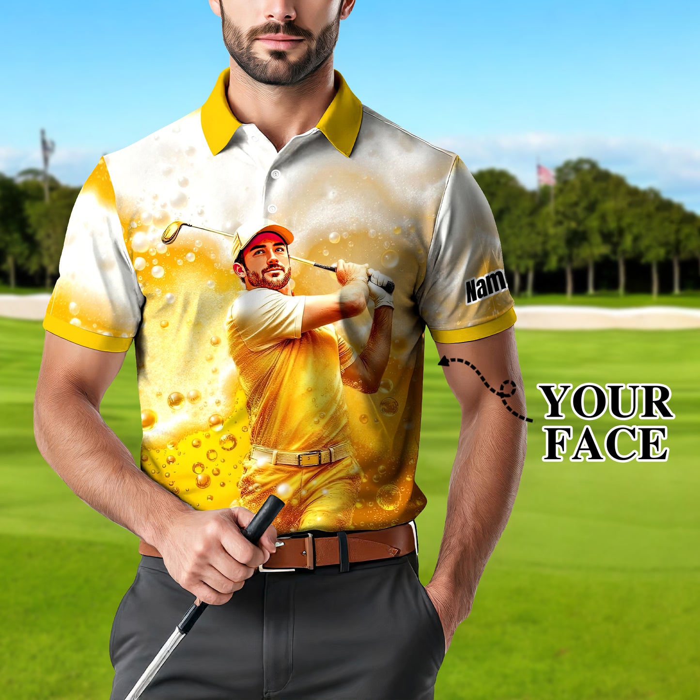 HomyGifts Men's Customized Face Artistic Golf Polo Shirt, Beer pattern Design, Special Gift for Beer & Golf Lovers, Summer Party Outfit, Unique Gift for Men Style 14