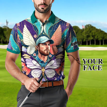 Custom Face Butterfly Golf Polo Shirt – Personalized Spring Mirage Art Style – Unique Gift for Him, Nature Inspired Men's Shirt Style 6