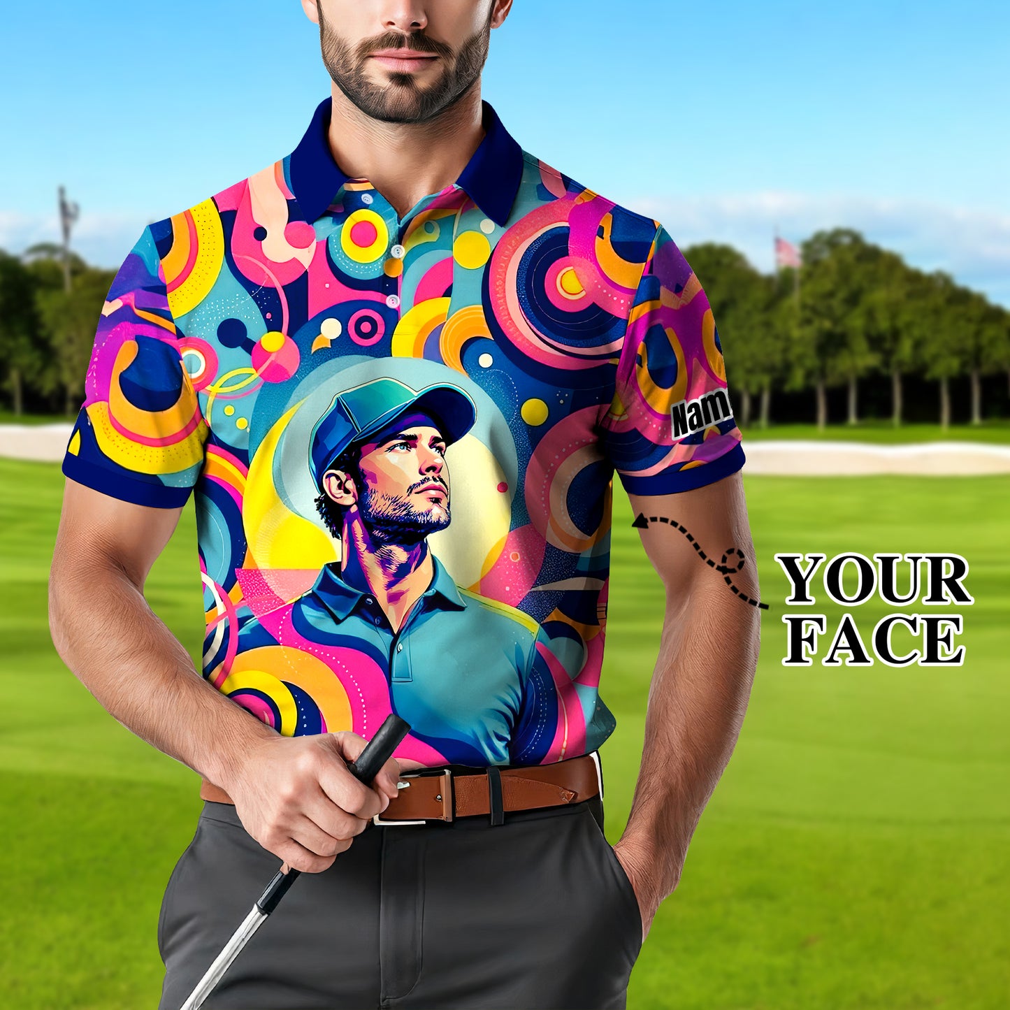 HomyGifts Custom Face Polo Shirt – Personalized Abstract Geometric Art Photo Shirt, Unique Gift for Him & Her