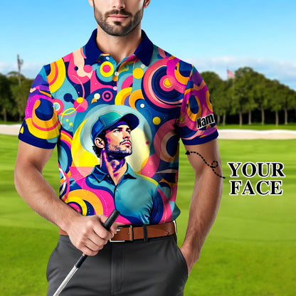 HomyGifts Custom Face Polo Shirt – Personalized Abstract Geometric Art Photo Shirt, Unique Gift for Him & Her