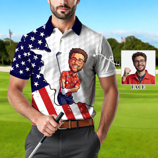 Men's Patriotic Custom Face Golf Polo Shirt - American Flag Design