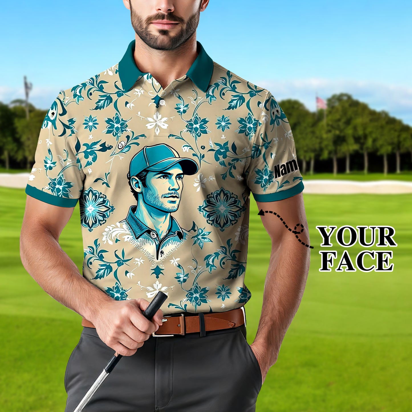 Custom Retro Pattern Art Polo Shirt – Personalized Face & Name | Vintage Floral Pattern Collared Shirt for Men Style 6