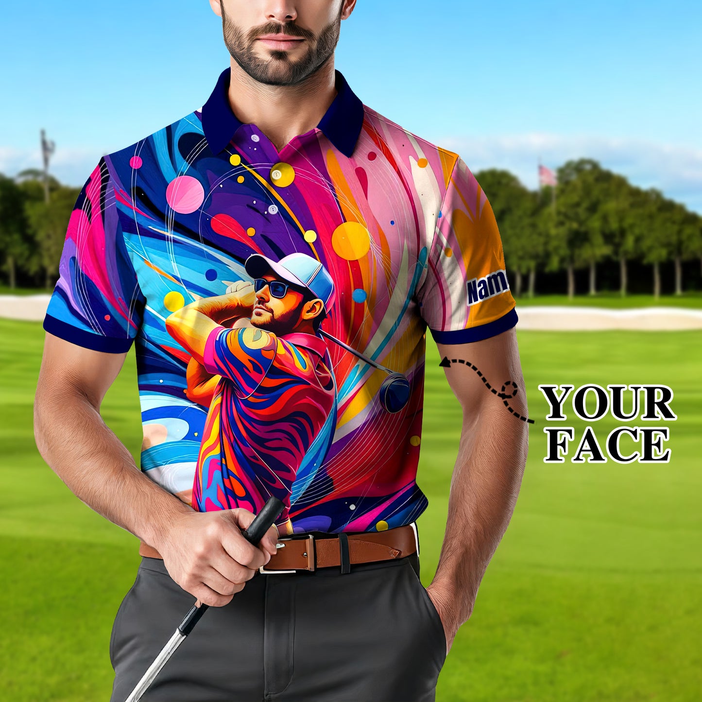 HomyGifts Men's Customized Face Artistic Golf Polo Shirt, Mosaic Art Style, Unique Personalized Golf Polo For Men Style 15