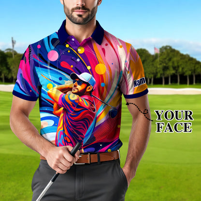 HomyGifts Men's Customized Face Artistic Golf Polo Shirt, Mosaic Art Style, Unique Personalized Golf Polo For Men Style 15