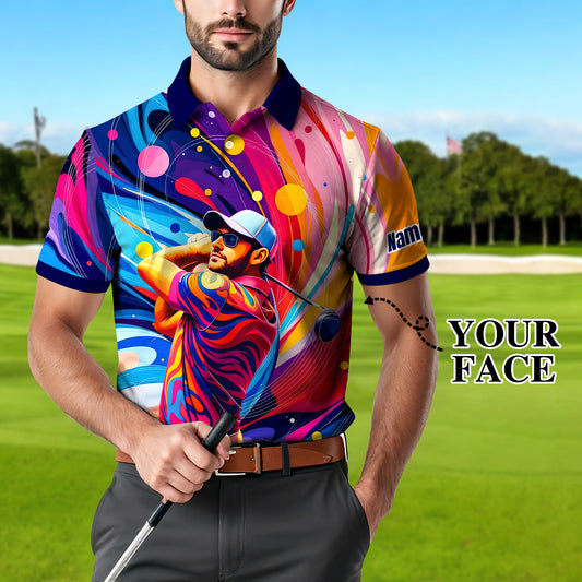 Men's Custom Face Artistic Golf Polo Shirt, Mosaic Art Style, Unique Personalized Golf Polo For Men