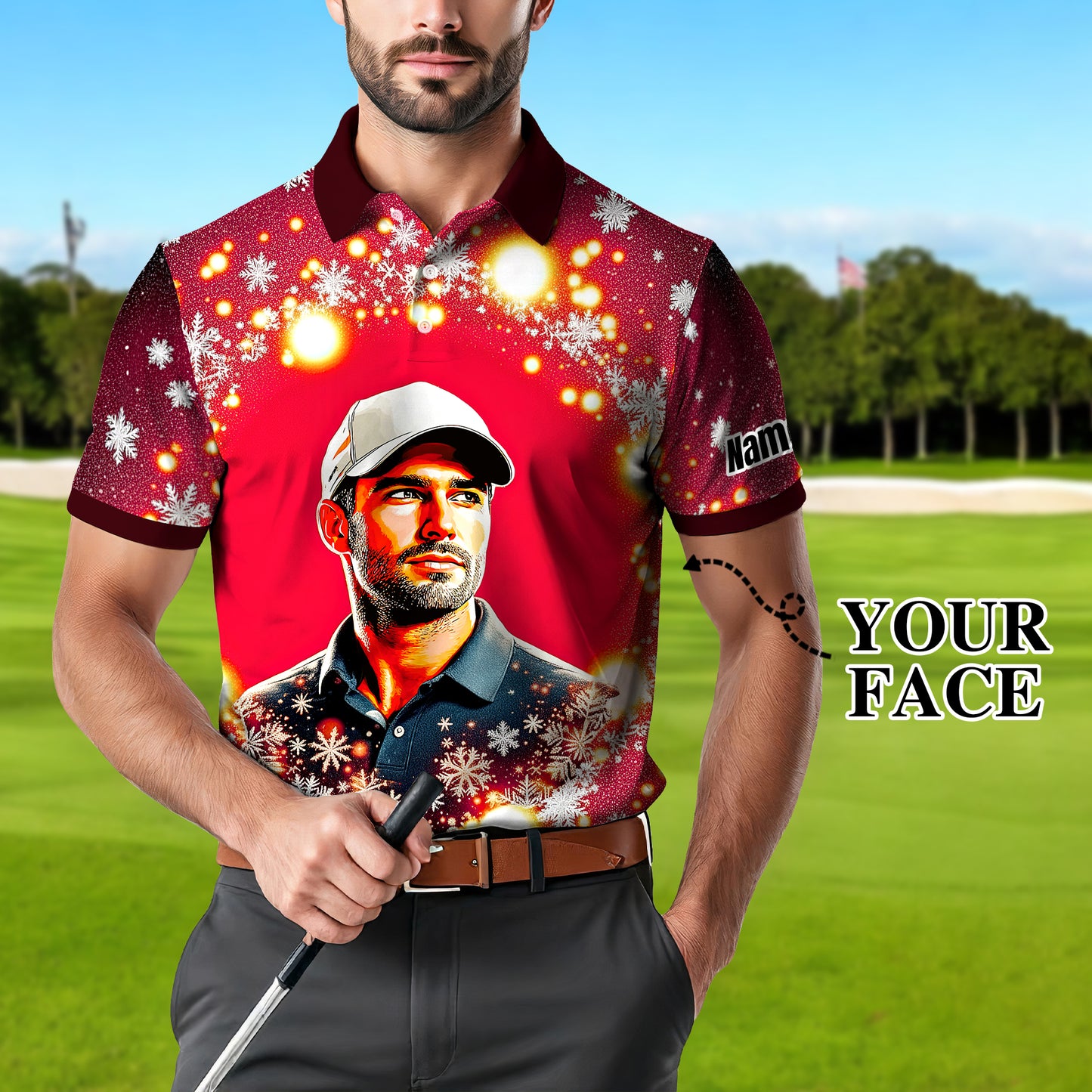 Custom Face Golf Polo Shirt – Personalized Christmas Golf Shirt for Him, Unique Holiday Gift for Golfer, Snowflake Design Golf Apparel Style 16
