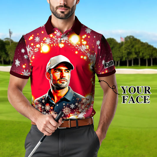 Custom Face Golf Polo Shirt – Personalized Christmas Golf Shirt for Him, Unique Holiday Gift for Golfer, Snowflake Design Golf Apparel Style 16