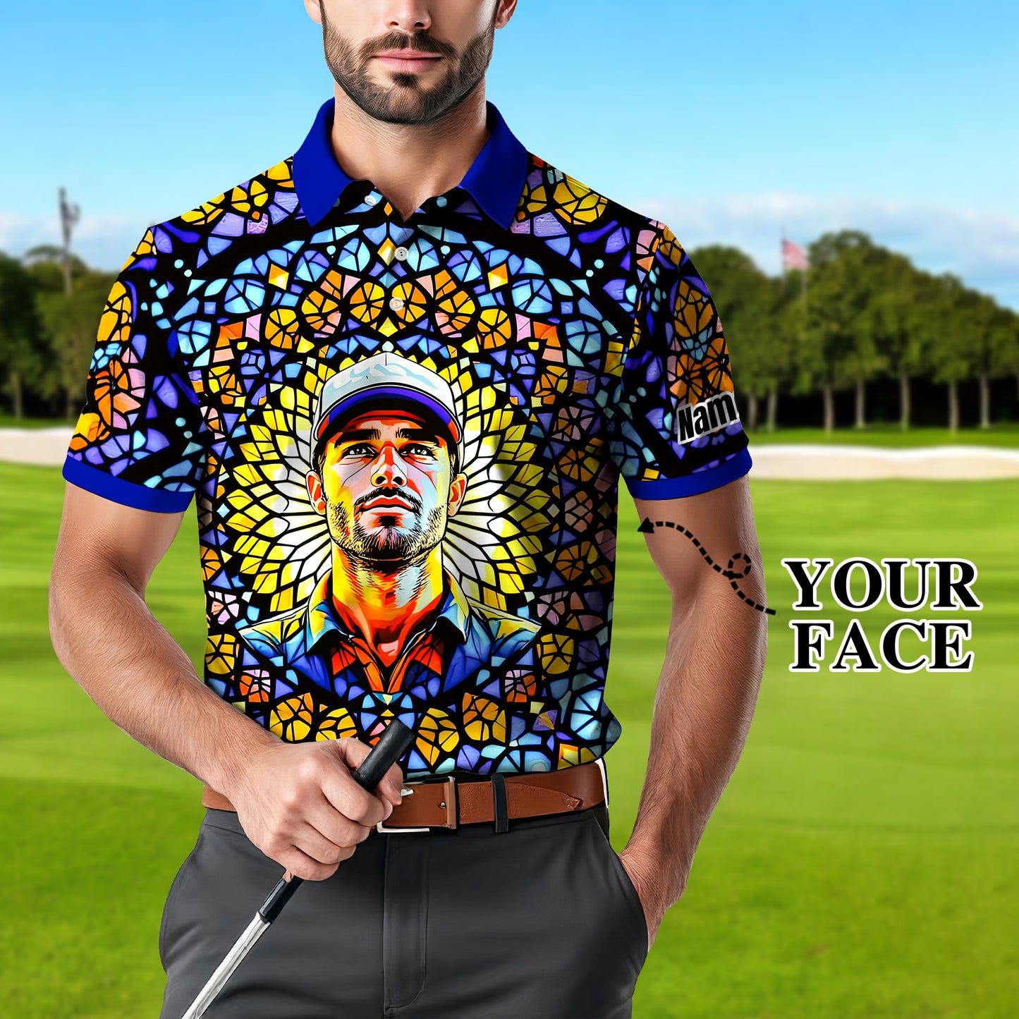 Custom Face Golf Polo Shirt – Personalized Stained Glass Mandala Style Polo, Unique Gift for Men & Women, Vibrant Artistic Golf Shirt, Custom Photo Polo