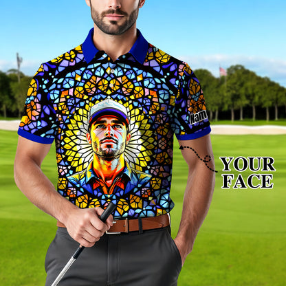 Custom Face Golf Polo Shirt – Personalized Stained Glass Mandala Style Polo, Unique Gift for Men & Women, Vibrant Artistic Golf Shirt, Custom Photo Polo