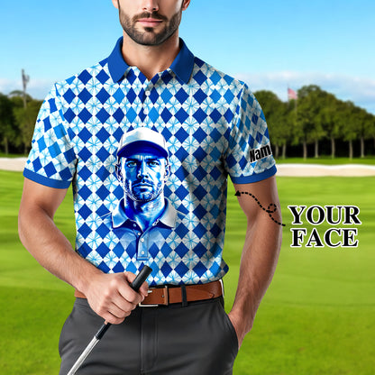 Custom Face Polo Shirt – Geometric Diamond Pattern | Personalized Photo Golf Polo | Unique Gift for Him, Retro Geometric Style Shirt Style 13