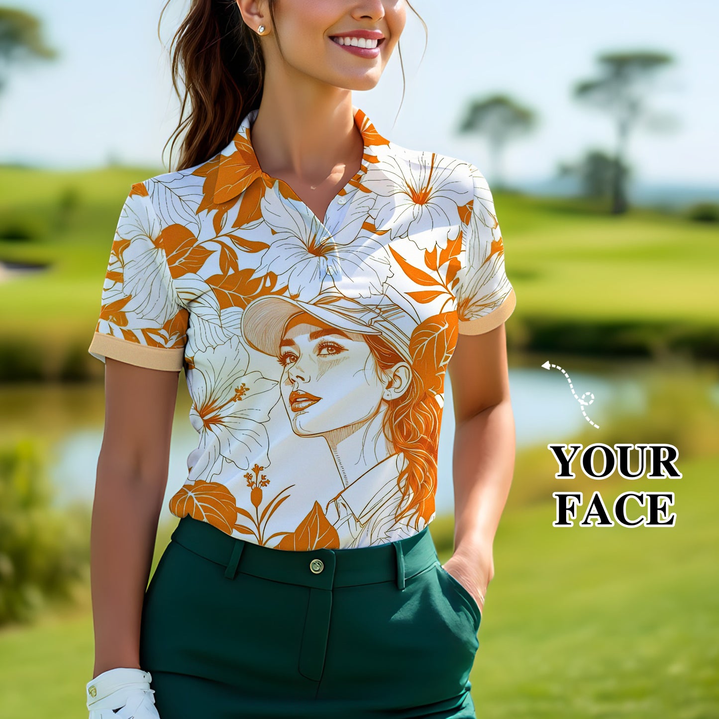 Women’s Custom Face Hibiscus Polo Shirt – Personalized Tropical Floral Polo, Unique Gift for Her, Stylish Custom Golf & Casual Wear Style 4