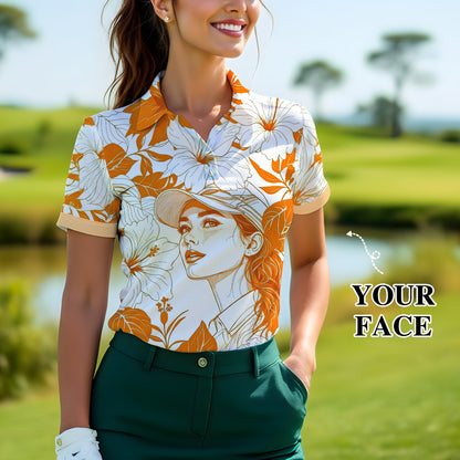 Women’s Custom Face Hibiscus Polo Shirt – Personalized Tropical Floral Polo, Unique Gift for Her, Stylish Custom Golf & Casual Wear Style 4
