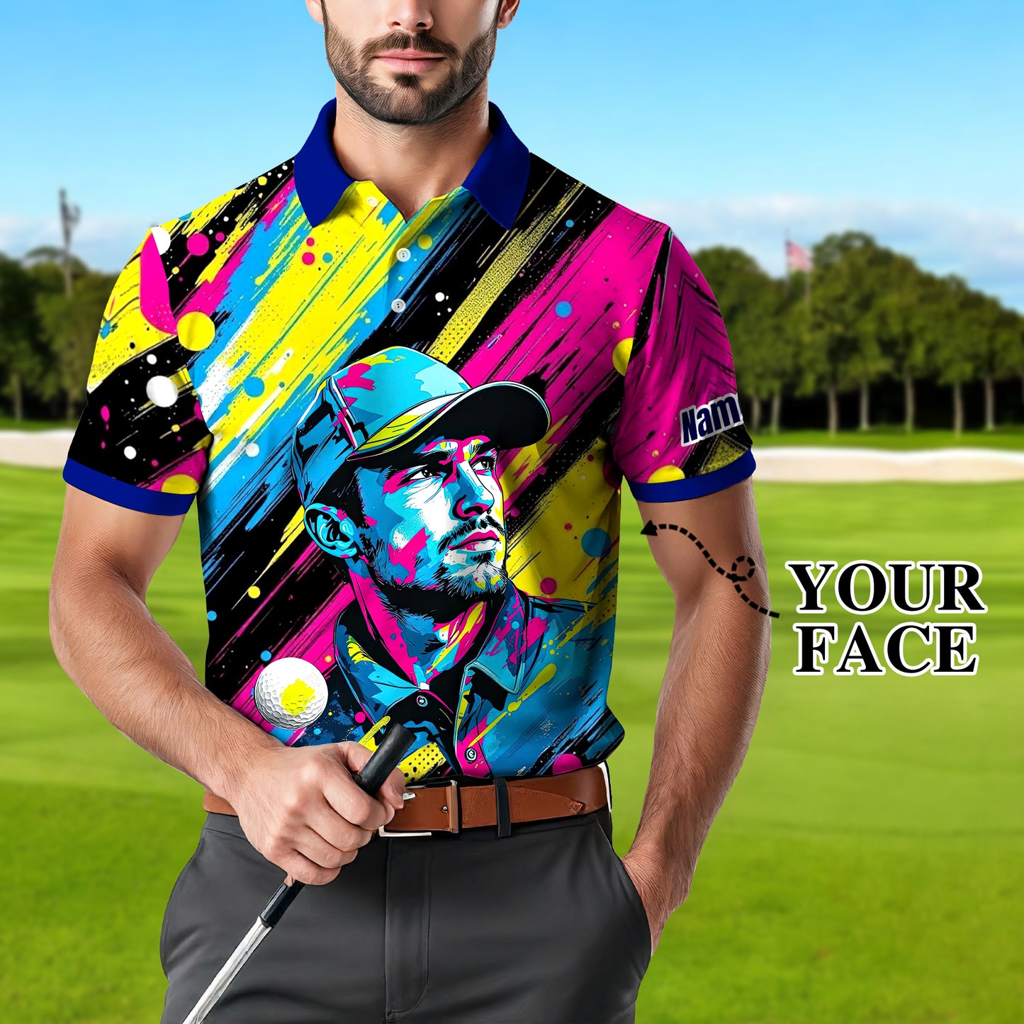 HomyGifts Men's Customized Face Artistic Golf Polo Shirt, Personalized Pop Art Golf Polo, Portrait Gift for Golfers Style 3