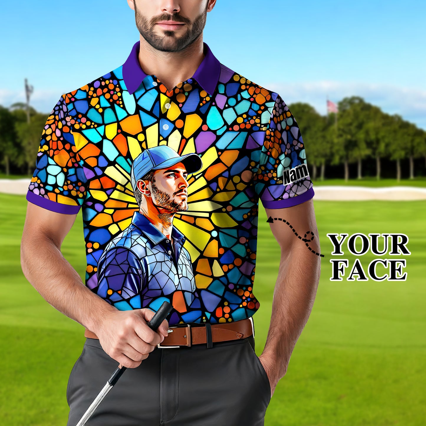 Custom Face Golf Polo Shirt – Personalized Stained Glass Art Shirt, Unique Golf Gift for Him, Colorful Abstract Golf Polo, Custom Sportswear
