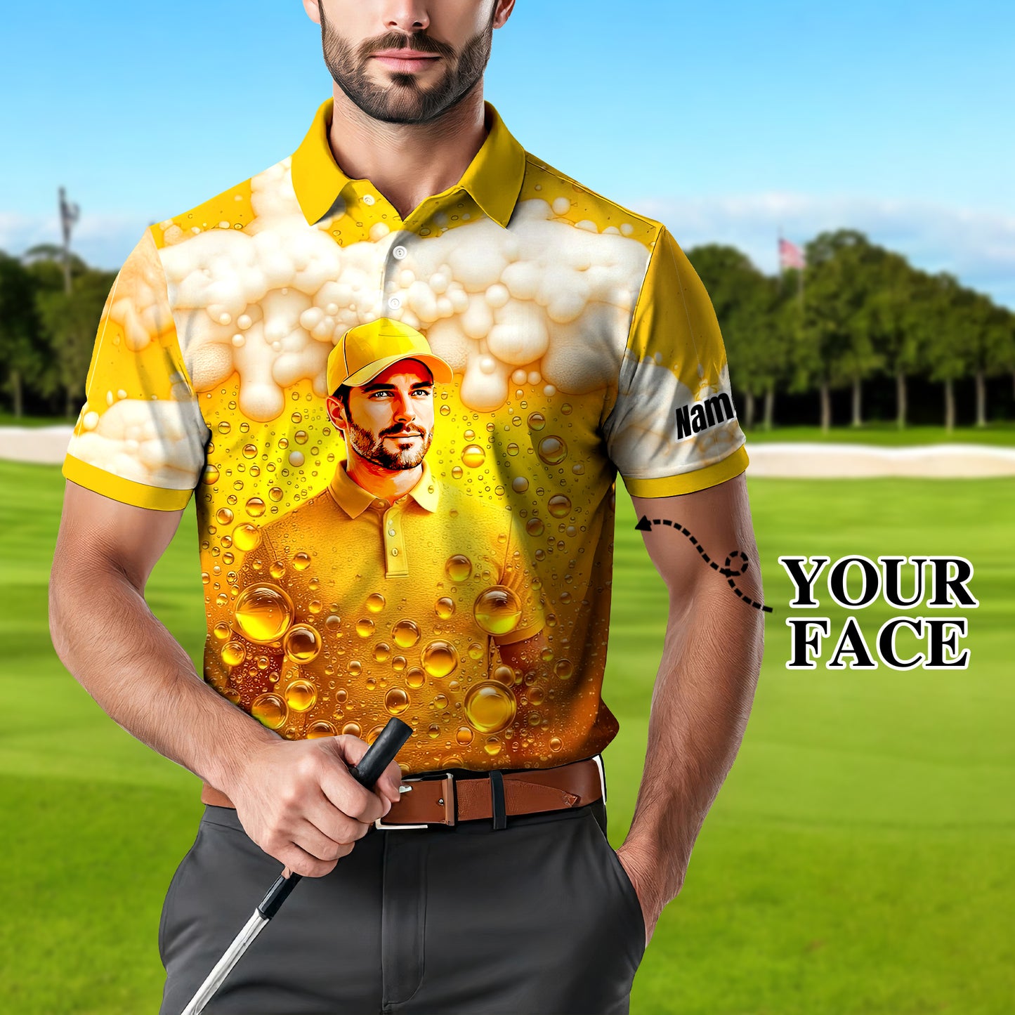 HomyGifts Men's Customized Face Artistic Golf Polo Shirt, Beer pattern Design, Special Gift for Beer & Golf Lovers, Summer Party Outfit, Unique Gift for Men Style 5
