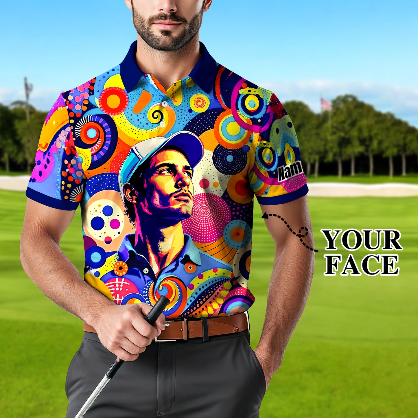 HomyGifts Custom Face Polo Shirt – Personalized Abstract Geometric Art Photo Shirt, Unique Gift for Him & Her