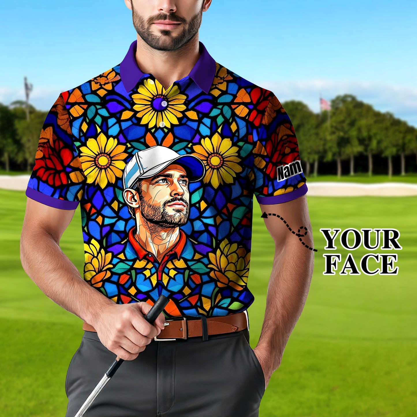 Custom Face Golf Polo Shirt – Personalized Stained Glass Art Shirt, Unique Golf Gift for Him, Colorful Abstract Golf Polo, Custom Sportswear