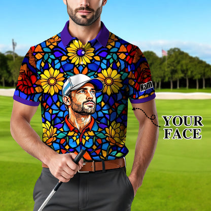 Custom Face Golf Polo Shirt – Personalized Stained Glass Art Shirt, Unique Golf Gift for Him, Colorful Abstract Golf Polo, Custom Sportswear