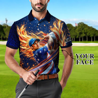 Custom Face Patriotic Golf Polo Shirt – Personalized USA Flag Design – American Pride Gift for Him – Mosaic Art Golf Shirt Style 9