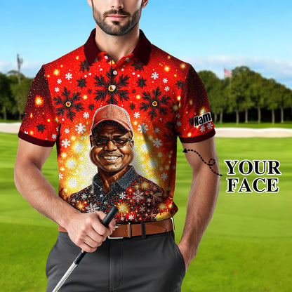 Custom Face Golf Polo Shirt – Personalized Christmas Golf Shirt for Him, Unique Holiday Gift for Golfer, Snowflake Mosaic Art Design Golf Apparel Style 13.1